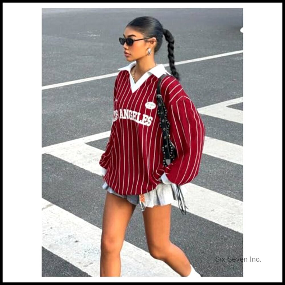 Oversized Striped Letter Print V-Neck Long Sleeve Jersey Tee Y2K Loose Fit - Picture 3 of 7
